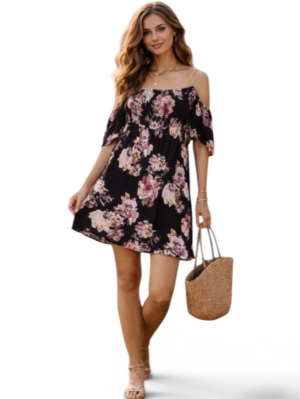 Vanilla Bay BOHO Floral Smock Off-Shoulder Mini Sundress (XL)